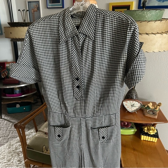 Vintage 1940s Dress Black Check S M Gabardine Pinup Rockabilly 40s 50s TLC - Picture 3 of 9